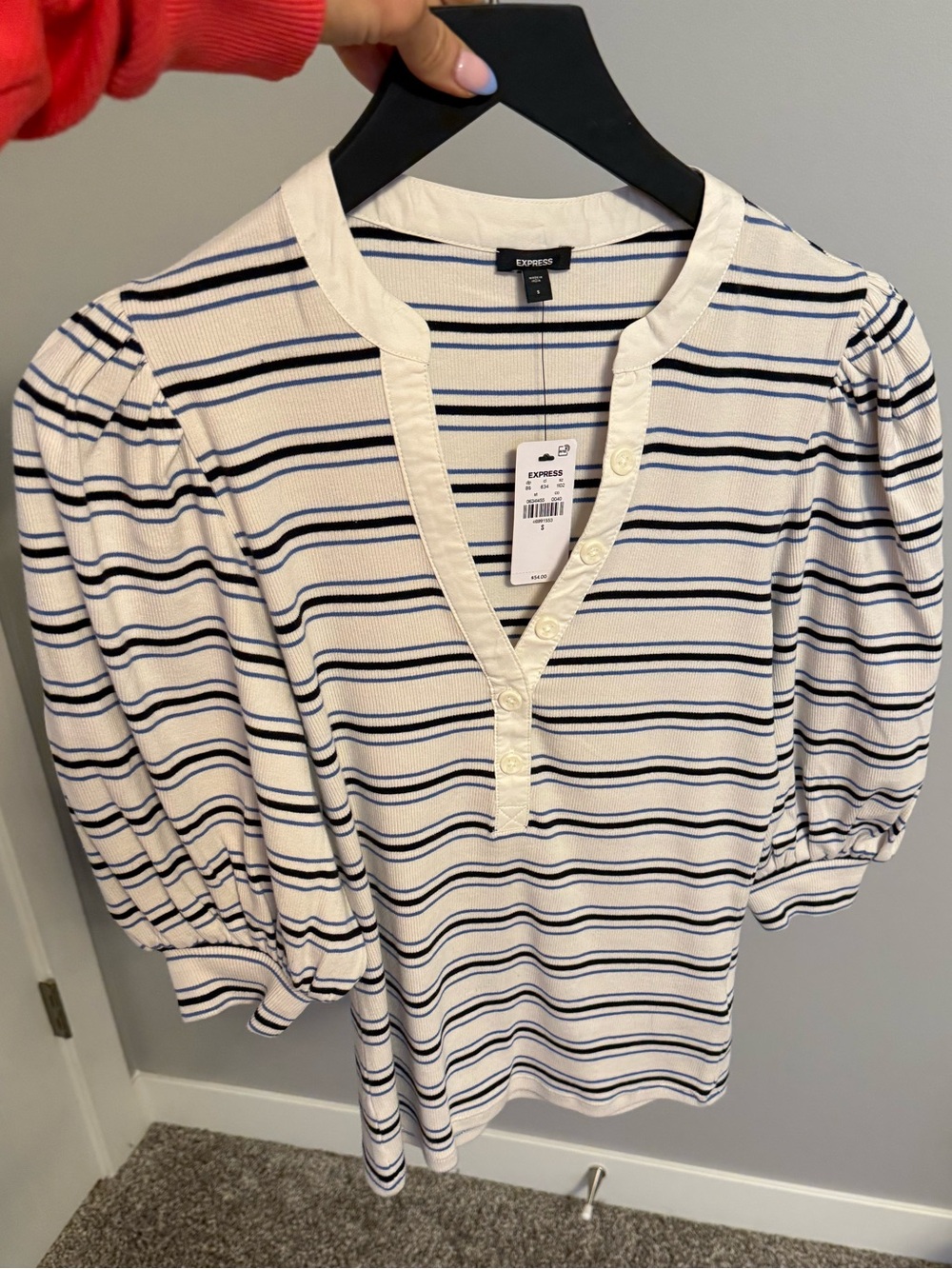 Express Cream Henley with Navy Black Stripes and Puff Sleeves